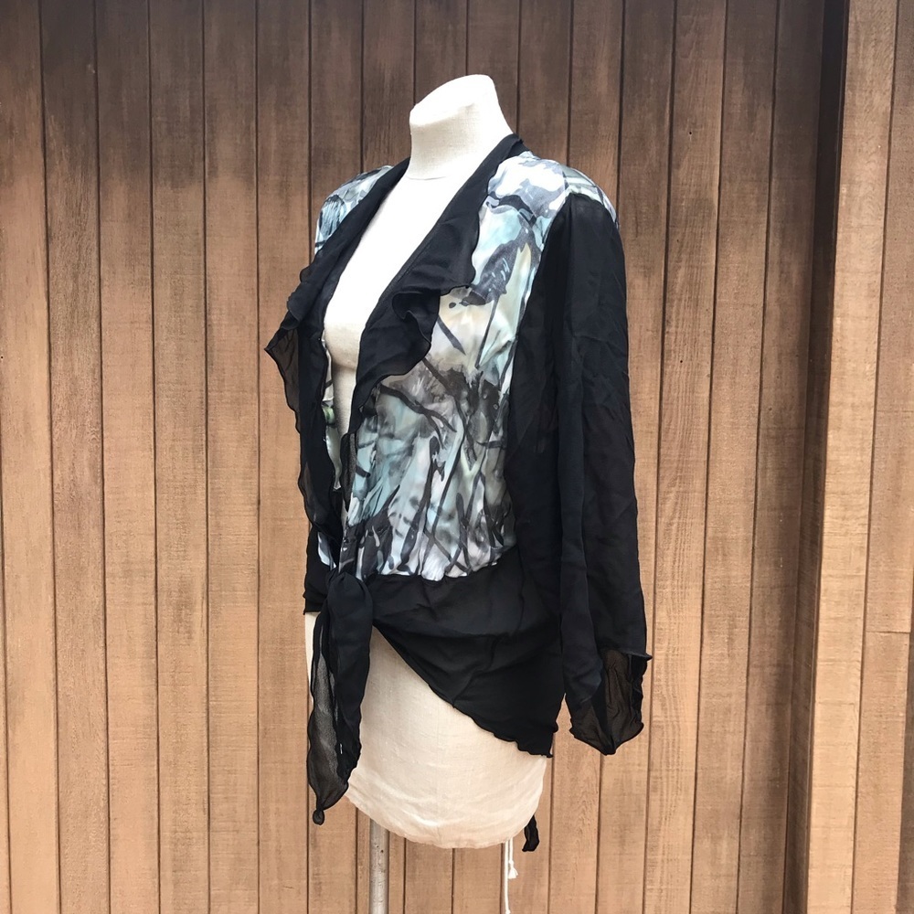 Vintage 80s Sheer Open Blouse Top Abstract Print L - image 5